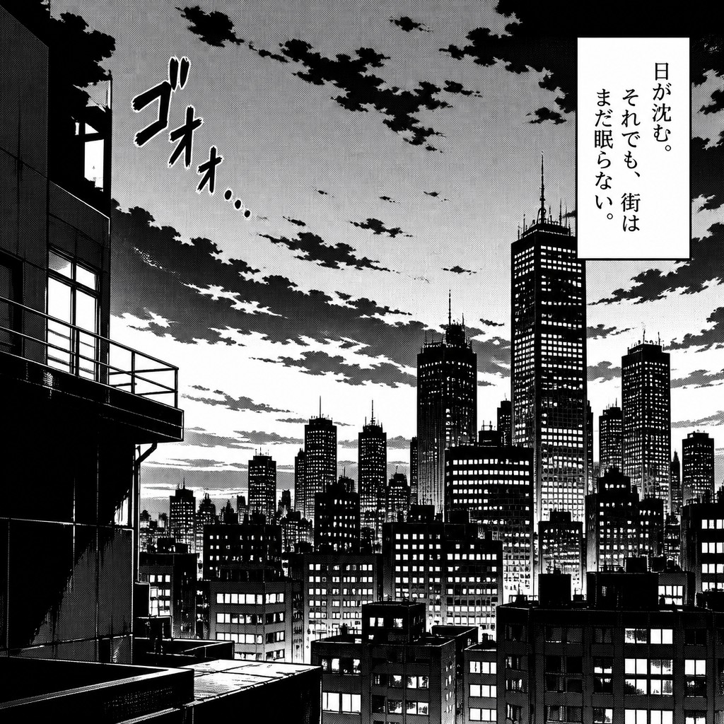 a city skyline at dusk with glowing windows