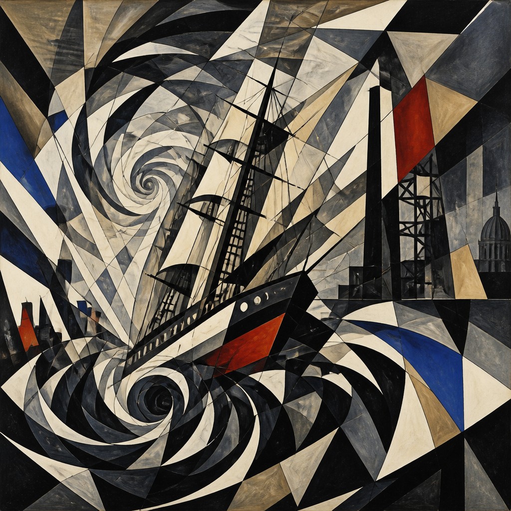 sailing ship on a stormy sea — Vorticism Art Style