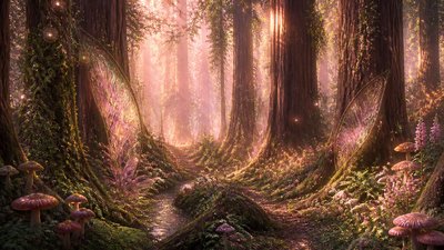 a panoramic redwood forest with light rays through mist, no people