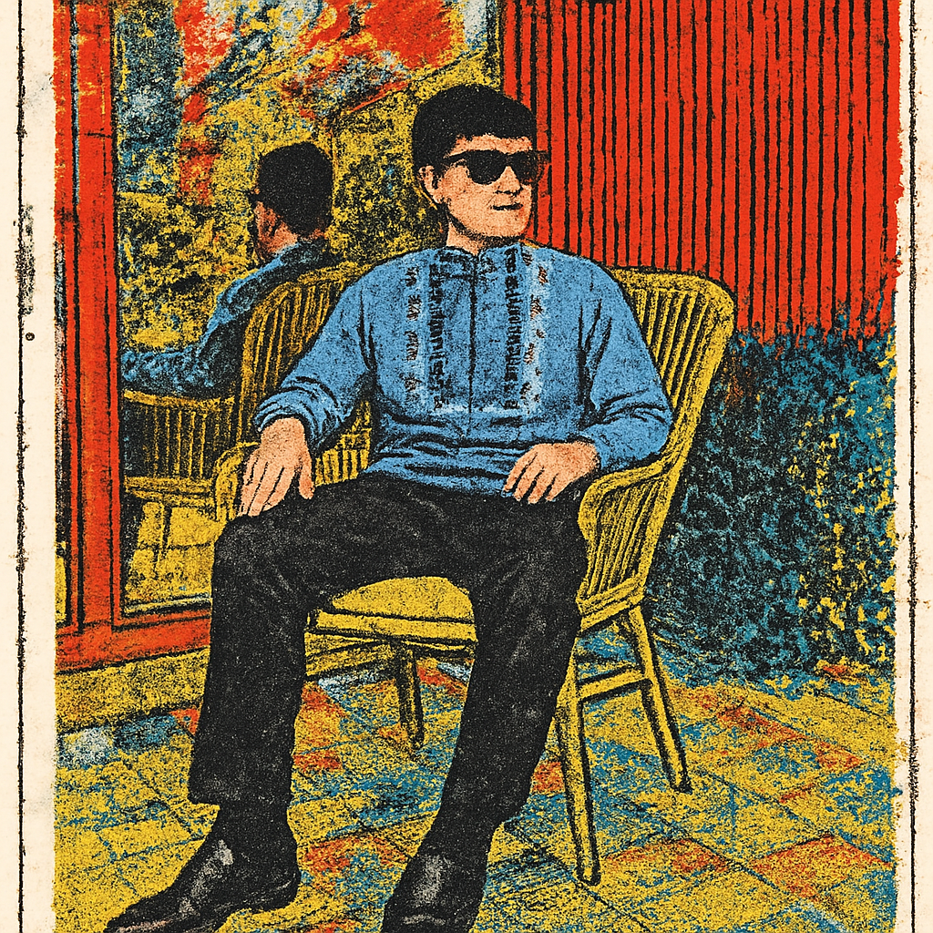 a drawing of a man sitting in a chair