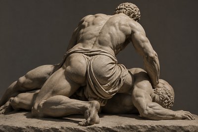 back view of ancient greek wrestler pinning opponent to the ground