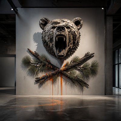a roaring bear head above crossed pine branches, bold graphic composition on a plain background, no text
