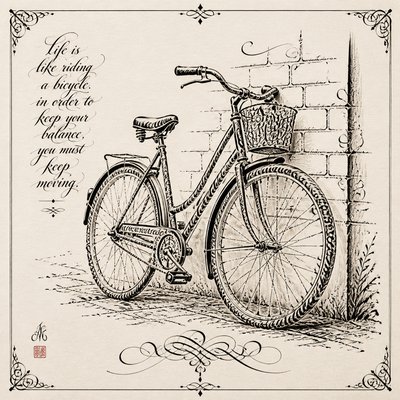 bicyle resting against a wall — Calligraphy Art Style