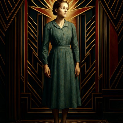 A woman dressed in Great Depression era fashion, standing in a dimly lit, humble setting. She wears a modest, long-sleeved dress made of durable, slightly faded cotton or rayon, with a mid-calf hemline. The dress is a muted color like dusty blue, faded green, or soft brown, possibly with a subtle, small floral or geometric pattern. Her hair is styled simply, perhaps in soft waves or a practical updo, and she wears sturdy, low-heeled lace-up shoes. Her posture is resilient, reflecting the strength of the era. The background is simple and sparse, hinting at the economic hardship, perhaps an old wooden wall or a faded curtain. The overall feeling is one of quiet determination and dignified hardship