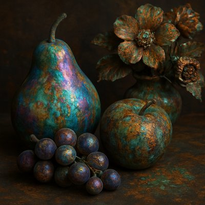 still life arrangement of fruits and flowers