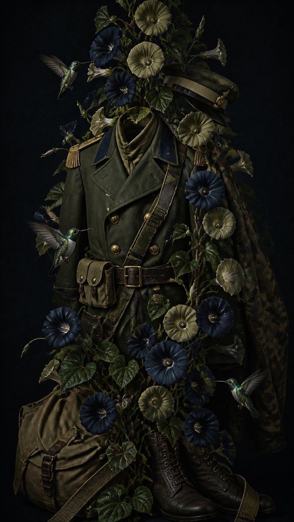 a climbing vine of flowers and hummingbirds on a dark background, tall wrapping composition, no text