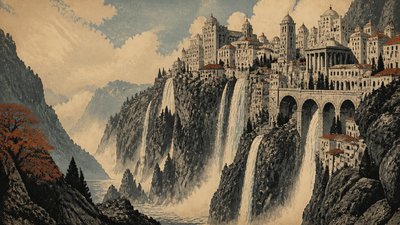 a cliffside city with waterfalls cascading into a misty canyon, wide establishing shot, no people, no text