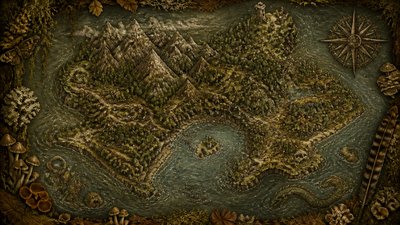 a map of an island realm with mountains, forests, a sheltered bay, sea monsters in the water and a compass rose, no text labels