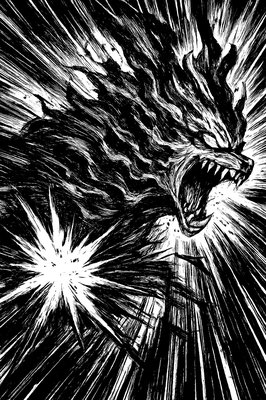a black and white drawing of a dragon with its mouth open