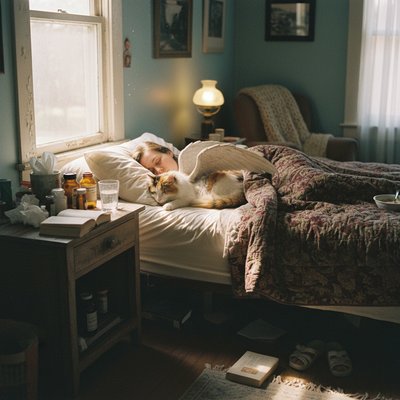 A candid, tender photograph of a person lying sick in a dimly lit, cozy bedroom, buried under a heavy quilt with only their pale face showing, eyes closed in sleep. Tissues and medicine bottles clutter a bedside table. Curled tightly against their chest is a fluffy calico cat that has a pair of detailed, feathered angel wings folded against its back. The cat is asleep too. Soft, natural light streams from a window to the left. Film grain.