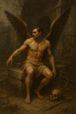 a painting of a man with wings and a skull