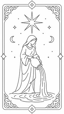 a robed figure pouring water beneath a large eight-pointed star in a night sky, symmetrical composition with an ornate decorative border, no text