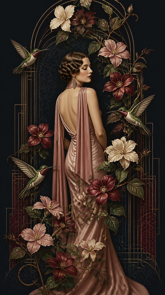 a climbing vine of flowers and hummingbirds on a dark background, tall wrapping composition, no text