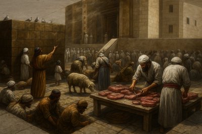 a painting of a group of people standing around a table