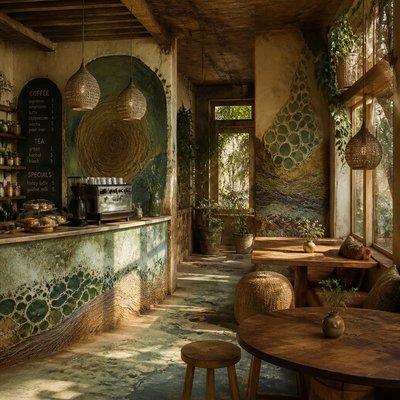cozy cafe interior with warm lighting