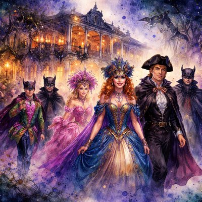 Exterior nighttime scene from Nancy Drew book #81 The Mardi Gras Mystery, the group in full festive costumes arriving at the grand, shadowy Seaton Mansion known as 'Bat Hollow' in New Orleans during Mardi Gras. Teenage detective Nancy Drew leads the way with reddish-blonde hair, wearing an elegant masquerade gown in blue and gold with purple accents, feathered half-mask, strands of colorful beads, and a mysterious smile. Beside her, Ned Nickerson in a dashing tuxedo or pirate-inspired costume with cape and tricorn hat. Bess Marvin (blonde, glamorous) in a sparkling pink feathered ball gown and elaborate headdress, George Fayne (short dark hair, sporty) in a fun jester outfit or adventurous explorer costume with mask. Brian Seaton and his father Bartholomew nearby in partial bat-themed costumes—dark capes, bat-wing collars, eerie masks with pointed ears. The historic Southern mansion looms behind: tall columns, wrought-iron balconies draped with Mardi Gras lights and purple/green/gold banners, flickering lanterns at the entrance, Spanish moss in ancient oaks, subtle bat motifs in the architecture, warm glowing windows hinting at antique interiors and the stolen portrait. Festive yet slightly eerie atmosphere—confetti in the air, distant parade sounds implied, dramatic twilight sky with stars, vibrant colors against gothic shadows. 1980s Nancy Drew book illustration style, adventurous and exciting, detailed costumes and group dynamic, cinematic wide-angle composition, lively holiday energy mixed with subtle suspense."

