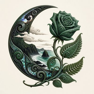 a rose entwined with a crescent moon, clean balanced composition on a plain background, no text