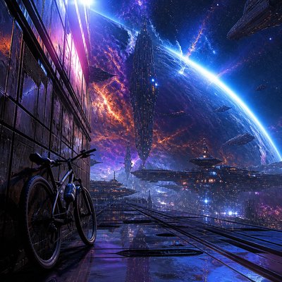 bicyle resting against a wall — Space Opera Sci-Fi Art