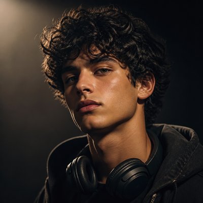 head-and-shoulders portrait of an original character: a young man with curly dark hair and headphones around his neck, plain backdrop, no text