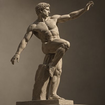 ancient greek athlete bending his leg and foot and raising his other arm as well
