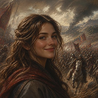 head-and-shoulders portrait of an original character: a young woman with wavy chestnut hair and a warm smile, plain soft backdrop