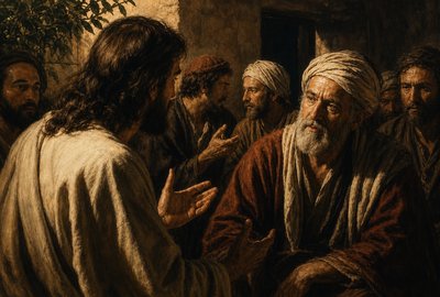 “And one of the scribes came up and heard them disputing with one another, and seeing that he answered them well, asked him, “Which commandment is the most important of all?” Jesus answered, “The most important is, ‘Hear, O Israel: The Lord our God, the Lord is one. And you shall love the Lord your God with all your heart and with all your soul and with all your mind and with all your strength.’ The second is this: ‘You shall love your neighbor as yourself.’ There is no other commandment greater than these.” And the scribe said to him, “You are right, Teacher. You have truly said that he is one, and there is no other besides him. And to love him with all the heart and with all the understanding and with all the strength, and to love one’s neighbor as oneself, is much more than all whole burnt offerings and sacrifices.” And when Jesus saw that he answered wisely, he said to him, “You are not far from the kingdom of God.”  Jesus stands among His disciples in a shady patio area outdoors talking to this scribe.  His disciples wonder at the exchange.  Several of them are also engaged in conversations set around the one Jesus is having.  We see Jesus from the left rear quarter, where we can see only the back of His head and the side of his face.  His hands are expressing His point.  The scribe to whom He speaks has a poignant, thoughtful expression.