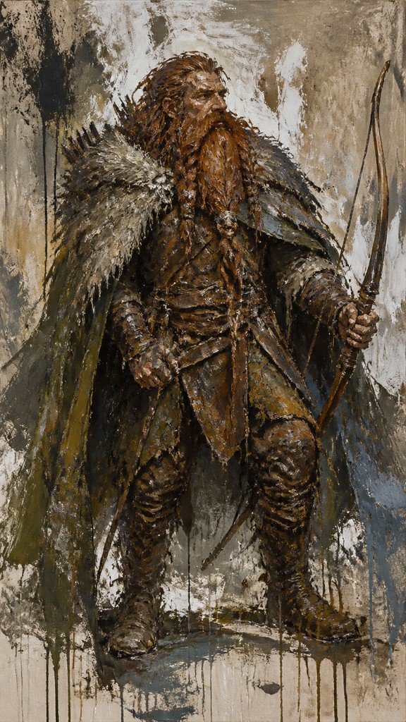 full-body original character: a dwarven ranger with a braided auburn beard, worn leather armor, a longbow and a wolf-pelt cloak, neutral background, no text