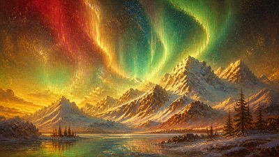 a flowing aurora over snowy peaks, wide sweeping composition, no people, no text