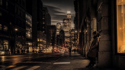 bustling city street panorama at dusk
