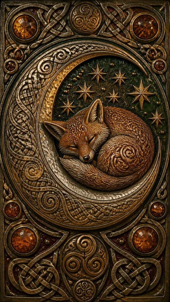 a sleeping baby fox curled on a crescent moon among soft stars, gentle and warm, no text