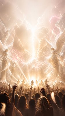 a live music scene with a glowing stage and silhouetted crowd, energetic vertical composition with open space at the top, no text