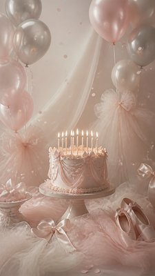 a birthday cake with lit candles surrounded by balloons and confetti, festive vertical composition, no text