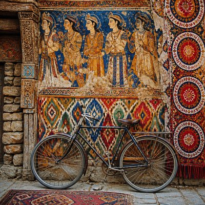 bicyle resting against a wall