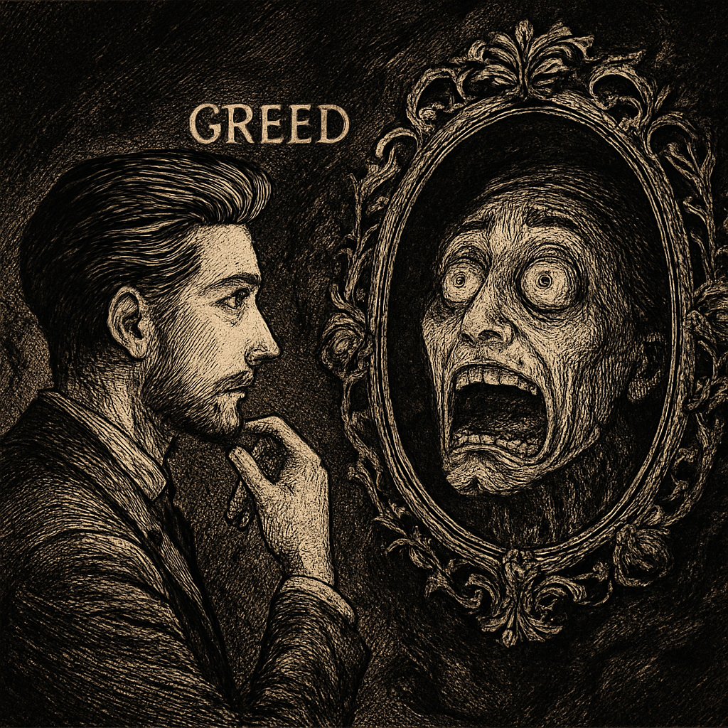 a drawing of a man looking at himself in a mirror