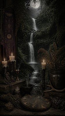 a cascading waterfall in a lush green gorge, no people