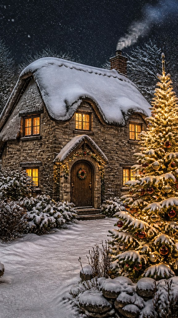 a snow-covered cottage with warm glowing windows beside a decorated pine tree, gentle snowfall, no text