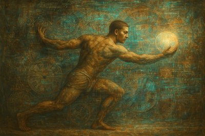 a painting of a man holding a ball