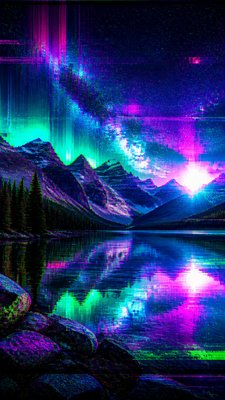 a tranquil mountain lake beneath a starry night sky, no people, no text