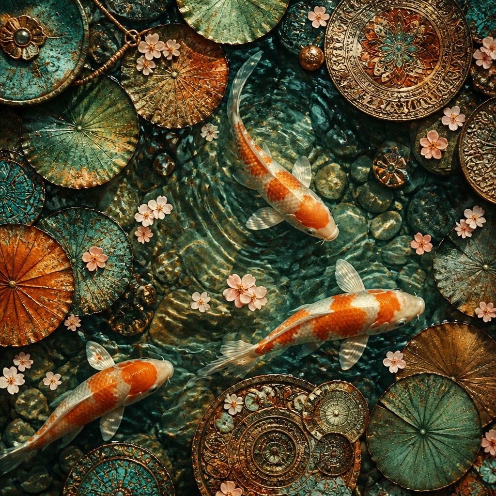 A koi pond seen from above, orange and white koi fish swimming among lily pads, clear water with subtle ripples, fallen cherry blossom petals floating on the surface, dappled sunlight