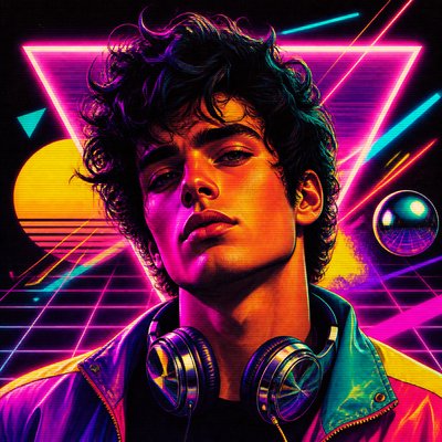 head-and-shoulders portrait of an original character: a young man with curly dark hair and headphones around his neck, plain backdrop, no text
