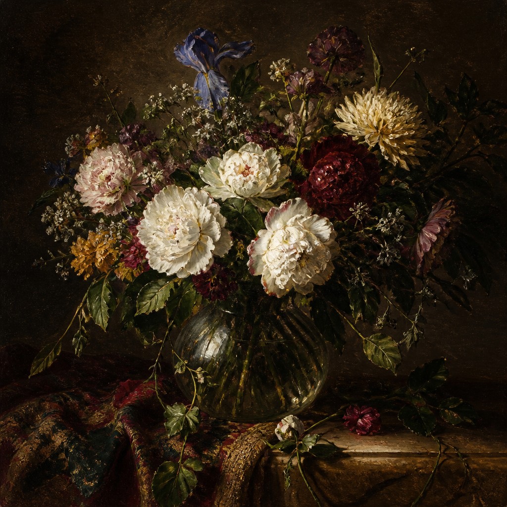 bouquet of flowers in a glass vase — Munich School Art Style