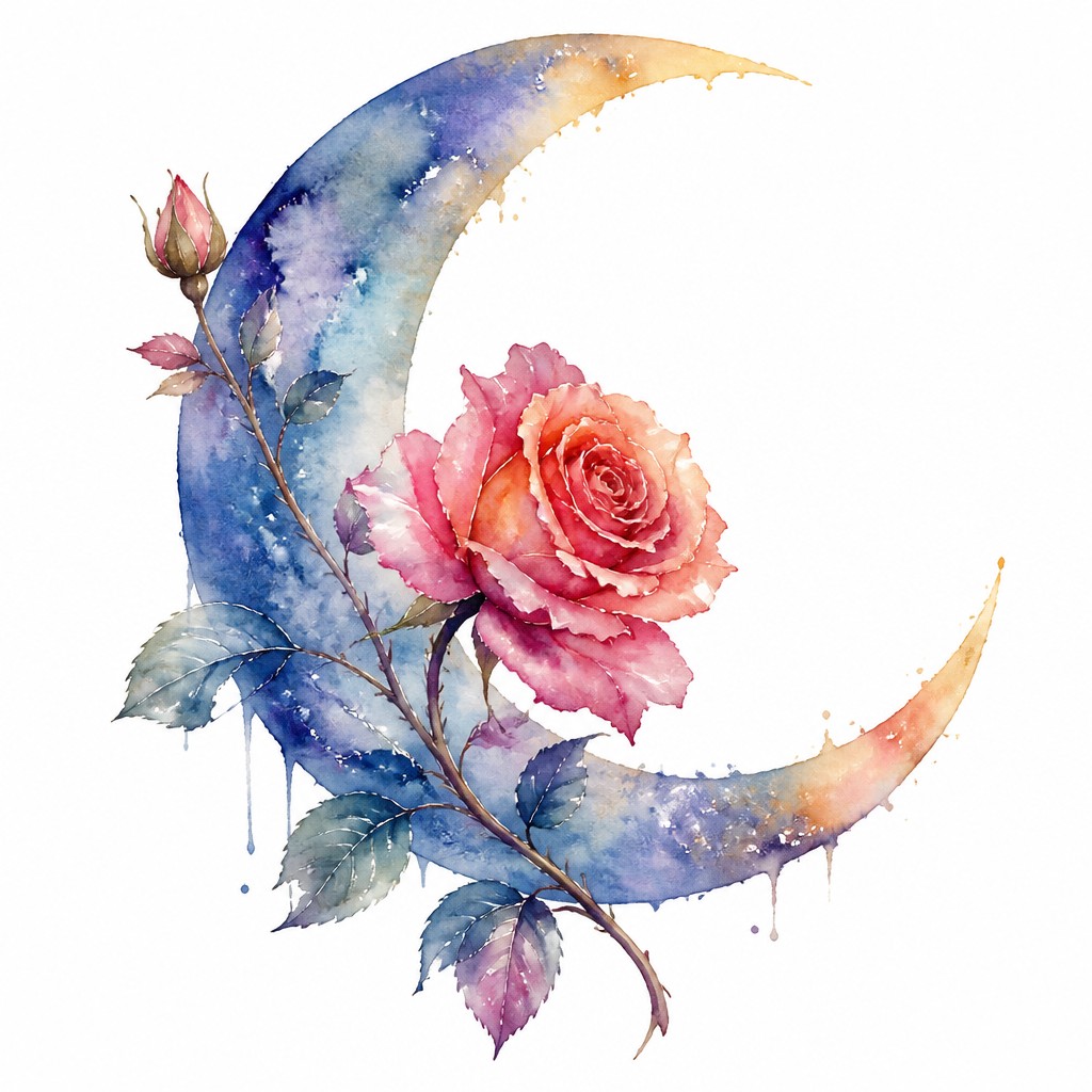 a rose entwined with a crescent moon, clean balanced composition on a plain background, no text