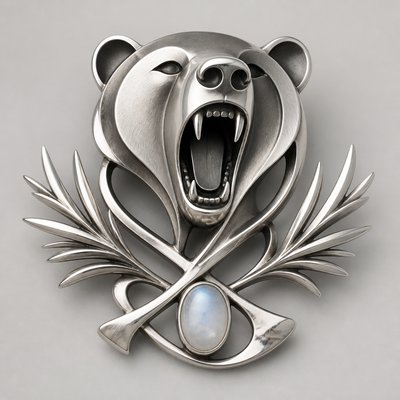 a roaring bear head above crossed pine branches, bold graphic composition on a plain background, no text