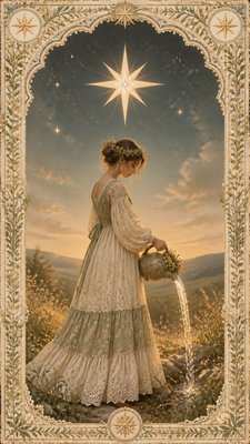 a robed figure pouring water beneath a large eight-pointed star in a night sky, symmetrical composition with an ornate decorative border, no text
