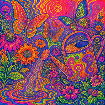 a garden scene with butterflies, flowers and a watering can, clean uncolored line art, no text