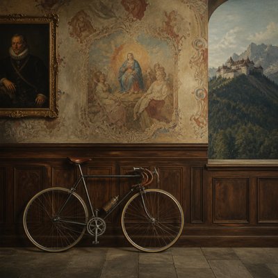 bicyle resting against a wall