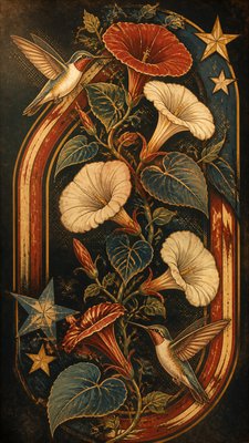 a climbing vine of flowers and hummingbirds on a dark background, tall wrapping composition, no text