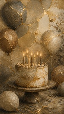a birthday cake with lit candles surrounded by balloons and confetti, festive vertical composition, no text