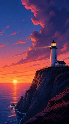 a lone lighthouse on a cliff at dusk under a dramatic sky, no text or lettering