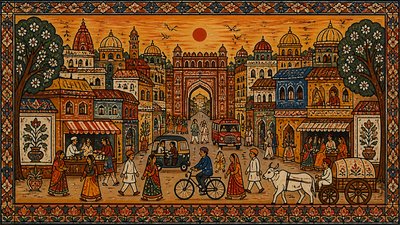 bustling city street panorama at dusk